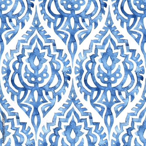 Seamless watercolor pattern. Blue and white brush-drawn ornament on paper. Vector illustration.