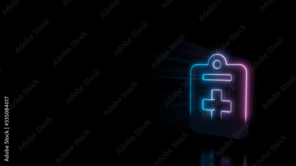 Abstract 3d rendering glowing blue purple neon symbol of medical notes with cross with glowing outlines with rays on black background with reflection Abstract 3d rendering glowing blue purple neon symbol of medical notes with cross with glowing outlines with rays on black background with reflection