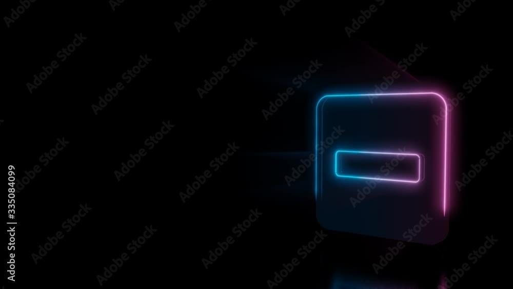 Abstract 3d rendering glowing blue purple neon symbol of bold minus symbol in square with glowing outlines with rays on black background with reflection Abstract 3d rendering glowing blue purple neon symbol of bold minus symbol in square with glowing outlines with rays on black background with reflection