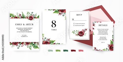 Wedding invite, invitation, save the date, rsvp stationery set. Vector floral design template. Watercolor Red garden Ranunculus flowers, seeded burgundy & silver sage eucalyptus branches & cute leaves