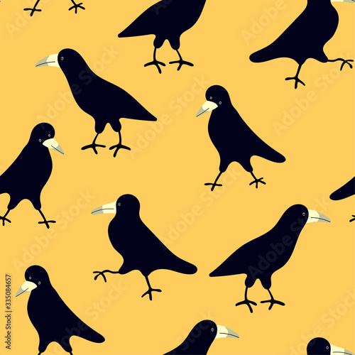 Cute seamless pattern with cute rooks in different poses on  the yellow background . Funny  print  with rooks for textiles, wallpapers, designer paper, etc
