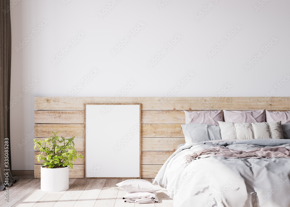 Wooden bedroom interior in beige and baby pink colour - obrazy, fototapety, plakaty 