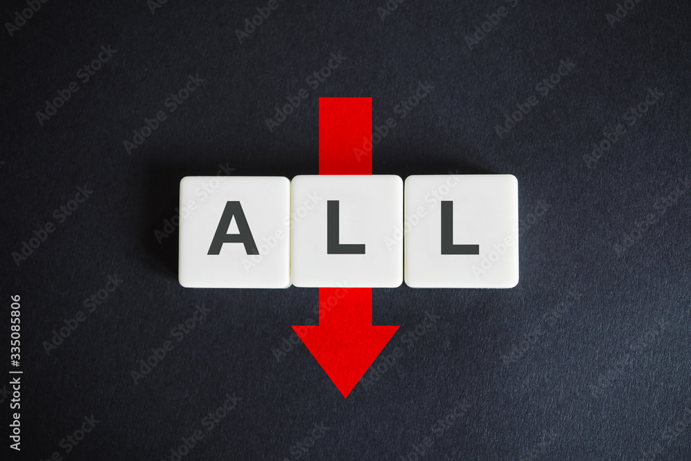 Albania Lek alphabetic currency ISO code (ALL) and down red arrow on black background. Economy of Albania.. Albania Lek alphabetic currency ISO code (ALL) and down red arrow on black background. Economy of Albania..