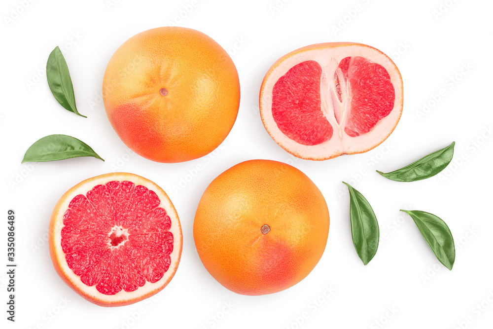 Grapefruit and slices with leaves isolated on white background. Top view. Flat lay. With clipping path and full depth of field Grapefruit and slices with leaves isolated on white background. Top view. Flat lay. With clipping path and full depth of field