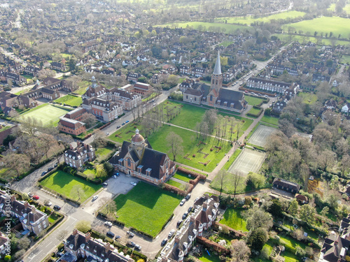Aerial view of Hampstead Garden Suburb and St. Jude's Church, elevated suburb of London. UK