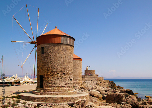 Windmills in Mandraki harbour, Rhodes, Greece