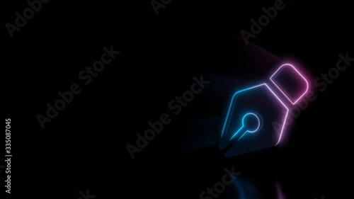 Abstract 3d rendering glowing blue purple neon symbol of pen nib with glowing outlines with rays on black background with reflection