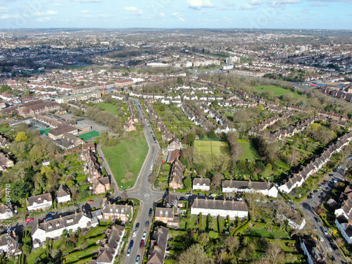 Aerial view of Hampstead Garden Suburb and typical house cottage, an elevated suburb of London.