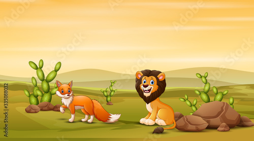 Lion and fox at the savanna illustration