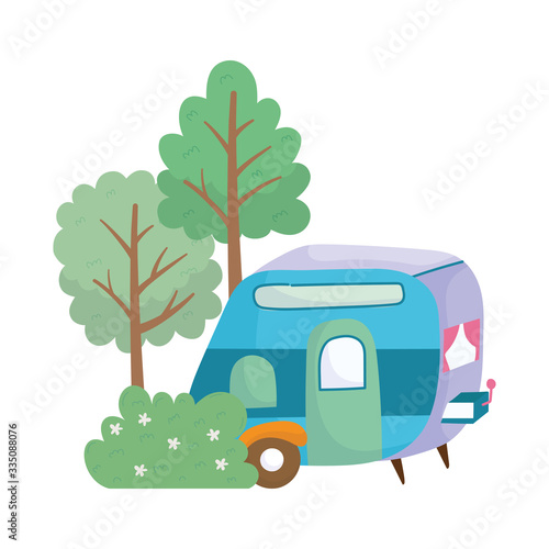 camping trailer flowers bush trees grass cartoon