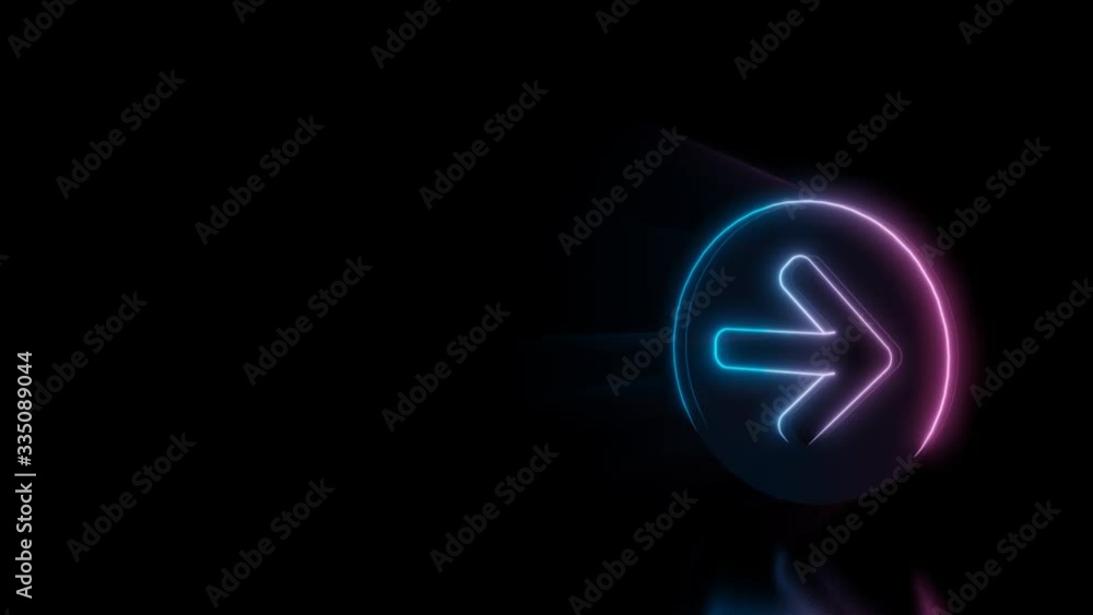 Abstract 3d rendering glowing blue purple neon symbol of open right rounded arrow in circle with glowing outlines with rays on black background with reflection Abstract 3d rendering glowing blue purple neon symbol of open right rounded arrow in circle with glowing outlines with rays on black background with reflection