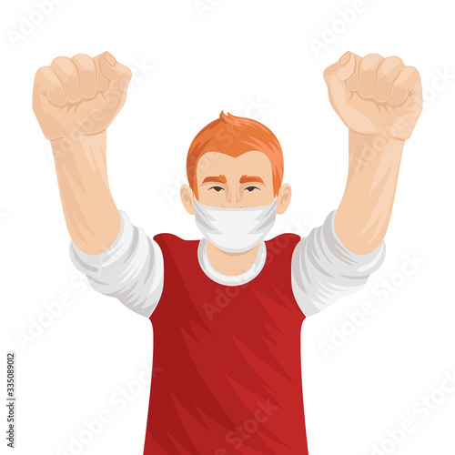 Redhead man wearing medical mask raised hard clenched fists vector illustration. Rebel in mask raised hands in protest on white background.