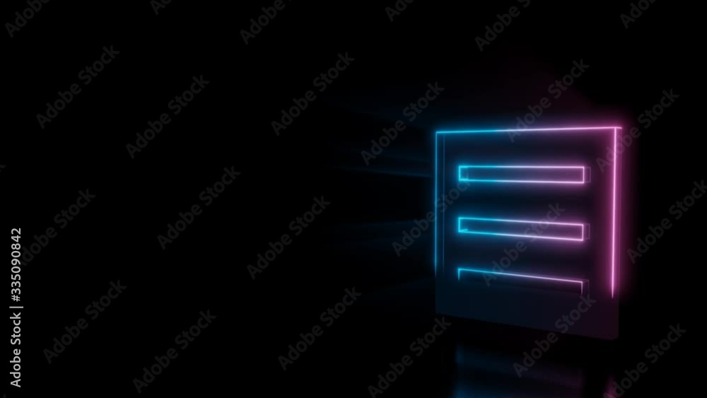 Abstract 3d rendering glowing blue purple neon symbol of three lines in square menu with glowing outlines with rays on black background with reflection Abstract 3d rendering glowing blue purple neon symbol of three lines in square menu with glowing outlines with rays on black background with reflection