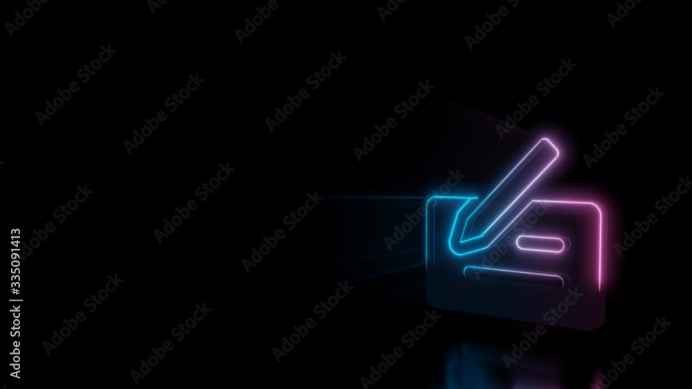 Abstract 3d rendering glowing blue purple neon symbol of bank cheque with pen with glowing outlines with rays on black background with reflection Abstract 3d rendering glowing blue purple neon symbol of bank cheque with pen with glowing outlines with rays on black background with reflection