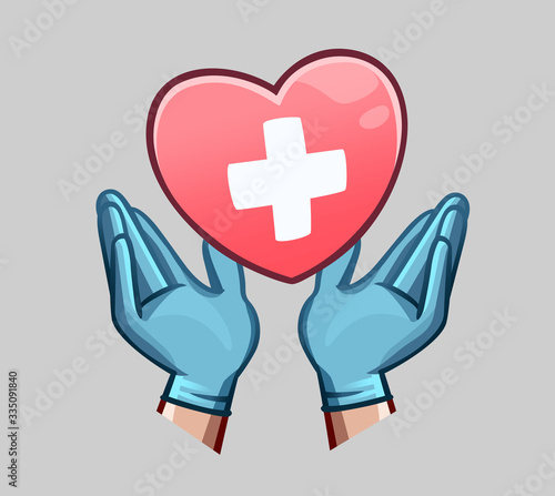 Hands in medical gloves and heart with cross. Vector illustration.