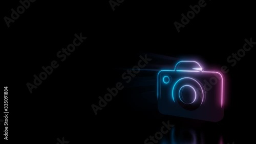 Abstract 3d rendering glowing blue purple neon symbol of photo camera with glowing outlines with rays on black background with reflection