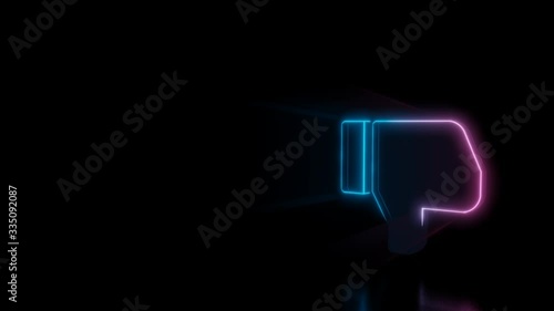 Abstract 3d rendering glowing blue purple neon symbol of thumbs down with glowing outlines with rays on black background with reflection