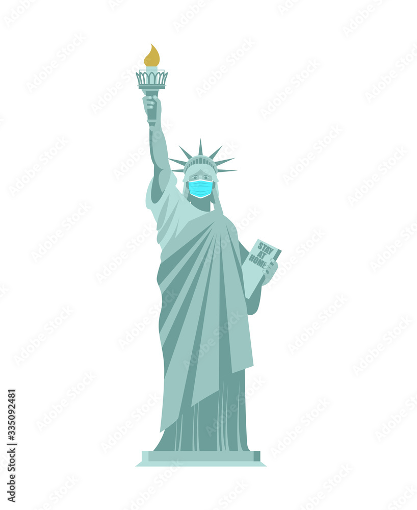 Statue of Liberty in medical mask. Coronavirus in USA. Coronavirus isolation mode. Quarantine from the virus. Pandemic Statue of Liberty in medical mask. Coronavirus in USA. Coronavirus isolation mode. Quarantine from the virus. Pandemic