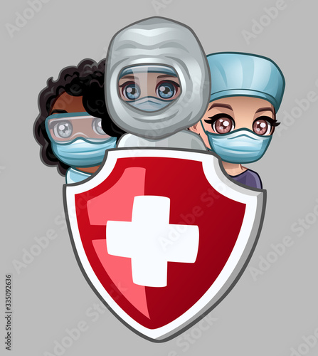 Shield and doctors with masks. Vector illustration