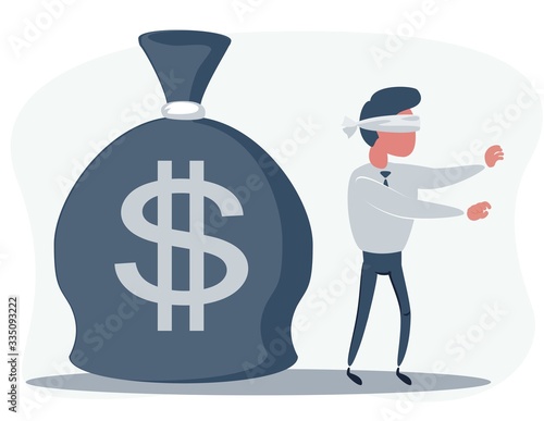 Cartoon blind businessmen can not find money lying on the ground. Vector flat design illustration.