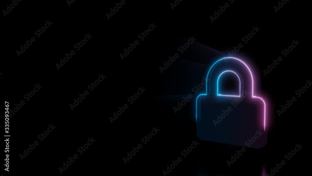 Abstract 3d rendering glowing blue purple neon symbol of lock with glowing outlines with rays on black background with reflection Abstract 3d rendering glowing blue purple neon symbol of lock with glowing outlines with rays on black background with reflection