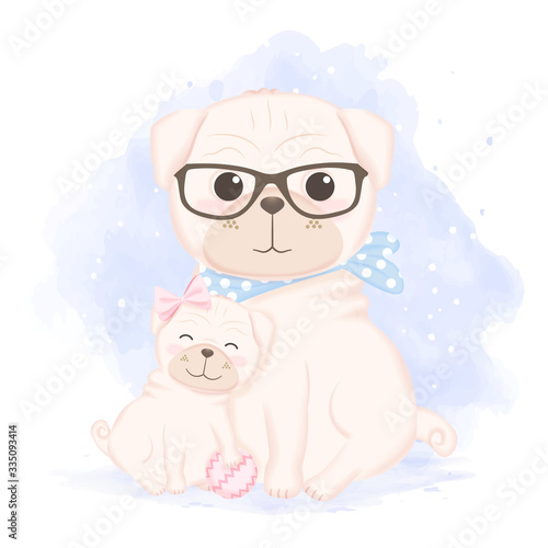 Cute puppy and father hand drawn cartoon illustration watercolor background