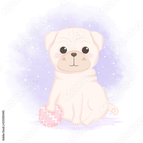 Cute Pug and ball hand drawn dog cartoon illustration