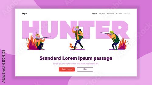Hunter outdoors set. Man shooting riffle, holding shot animal, autumn landscape. Flat vector illustrations. Hobby, sport, activity concept for banner, website design or landing web page