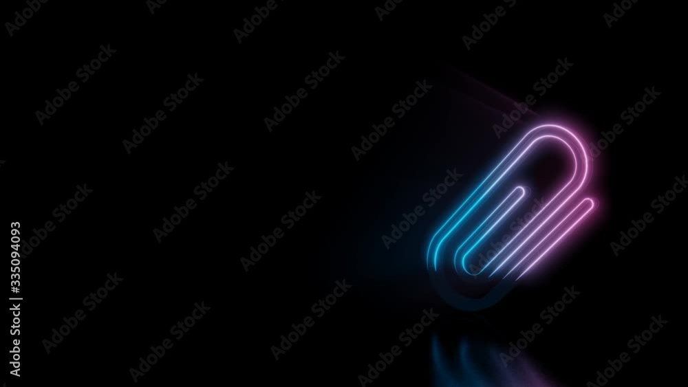Abstract 3d rendering glowing blue purple neon symbol of paper clip as attachment with glowing outlines with rays on black background with reflection Abstract 3d rendering glowing blue purple neon symbol of paper clip as attachment with glowing outlines with rays on black background with reflection