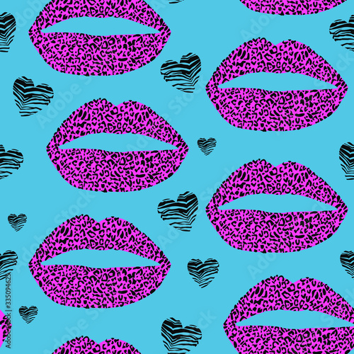 Pattern design of a leopard print lips and hearts on blue background