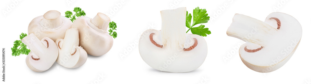 Fototapeta premium Fresh mushrooms champignon isolated on white background with clipping path and full depth of field. Set or collection