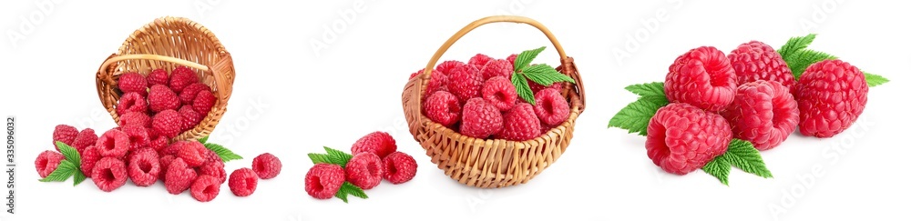 Ripe raspberries with leaf isolated on a white background, Set or collection Ripe raspberries with leaf isolated on a white background, Set or collection