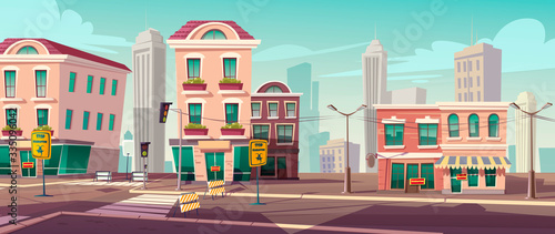Deserted city due to coronavirus pandemic. Empty street with stop quarantine signs, fenced crossroad and traffic lights. Closed derelict town with no people due to epidemic Cartoon vector illustration