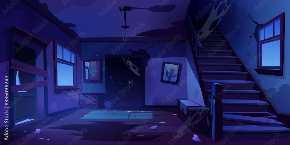 Old abandoned house with mess and broken furniture at night. Vector cartoon  interior of empty home hallway with dirty walls, boarded up door, garbage,  broken wooden staircase and crack in floor Stock