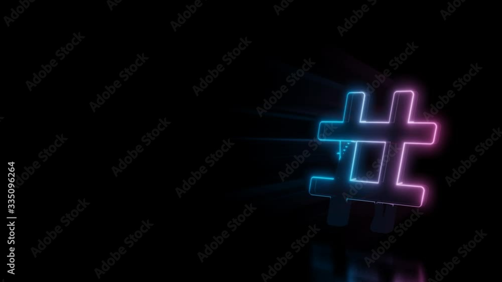 Abstract 3d rendering glowing blue purple neon symbol of hashtag symbol with glowing outlines with rays on black background with reflection Abstract 3d rendering glowing blue purple neon symbol of hashtag symbol with glowing outlines with rays on black background with reflection