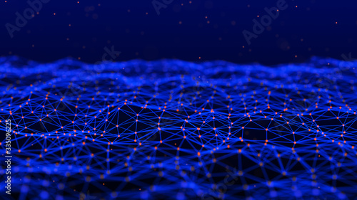 Network of bright connected dots and lines. Abstract dynamic wave of many points. Digital background. 3D rendering.