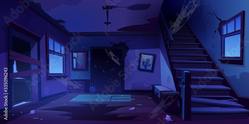 Old abandoned house with mess and broken furniture at night. Vector cartoon interior of empty home hallway with dirty walls, boarded up door, garbage, broken wooden staircase and crack in floor