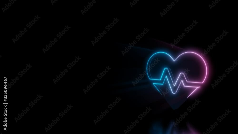 Abstract 3d rendering glowing blue purple neon symbol of heart with pulse curve with glowing outlines with rays on black background with reflection Abstract 3d rendering glowing blue purple neon symbol of heart with pulse curve with glowing outlines with rays on black background with reflection