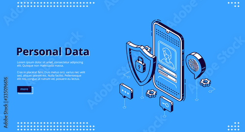 Personal data isometric landing page. Online access login and password enter page on smartphone screen, user account verification and privacy, website register form. 3d vector line art web banner.