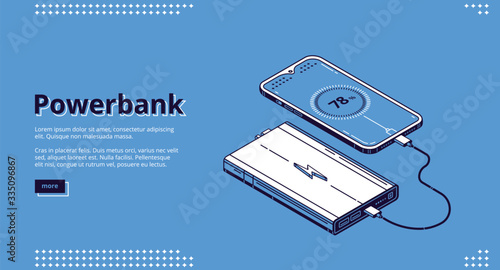 Powerbank isometric landing page. Smartphone with charging level on screen wire connected with power bank portable device. Mobile phone or cellphone low battery charger, 3d vector line art, web banner