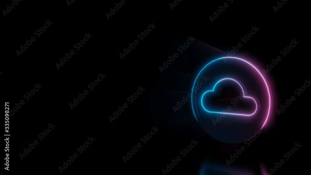 Abstract 3d rendering glowing blue purple neon symbol of circle with cloud with glowing outlines with rays on black background with reflection Abstract 3d rendering glowing blue purple neon symbol of circle with cloud with glowing outlines with rays on black background with reflection