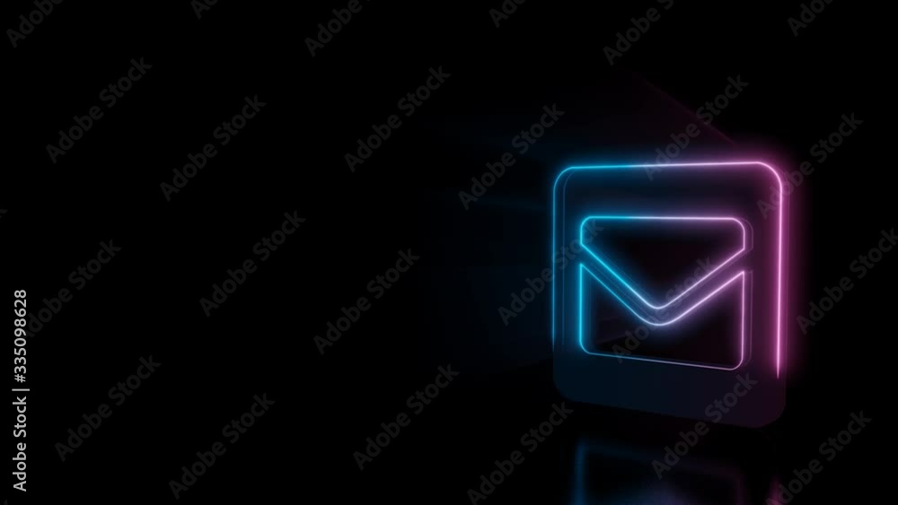 Abstract 3d rendering glowing blue purple neon symbol of envelope in square with glowing outlines with rays on black background with reflection Abstract 3d rendering glowing blue purple neon symbol of envelope in square with glowing outlines with rays on black background with reflection