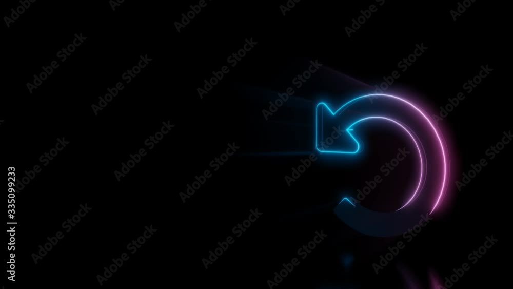 Abstract 3d rendering glowing blue purple neon symbol of undo arrow with glowing outlines with rays on black background with reflection Abstract 3d rendering glowing blue purple neon symbol of undo arrow with glowing outlines with rays on black background with reflection
