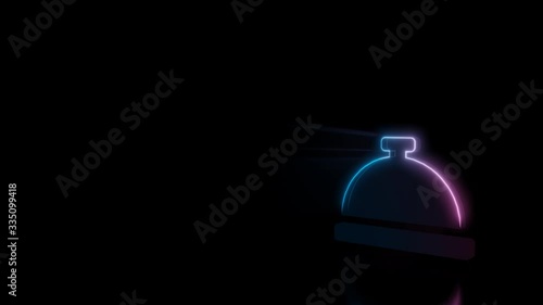 Abstract 3d rendering glowing blue purple neon symbol of hotel concierge bell with glowing outlines with rays on black background with reflection