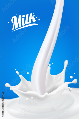 Milk splash 3D.Abstract realistic milk drop with splashes isolated on blue background.element for advertising, package design. vector