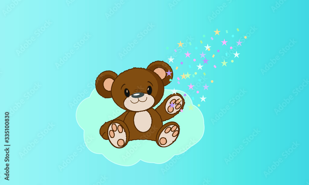 Vector illustration. A smiling teddy bear sits on a blue background. Baby card. Vector illustration. A smiling teddy bear sits on a blue background. Baby card.