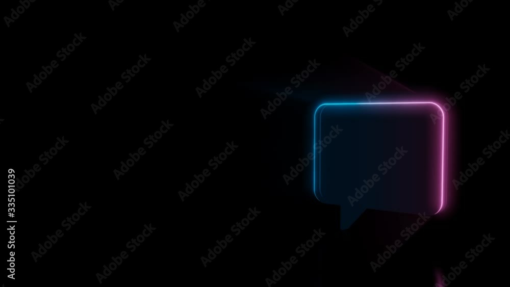 Abstract 3d rendering glowing blue purple neon symbol of rectangular rounded chat bubble with glowing outlines with rays on black background with reflection Abstract 3d rendering glowing blue purple neon symbol of rectangular rounded chat bubble with glowing outlines with rays on black background with reflection