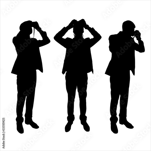 Vector set of silhouettes of men with binoculars in their hands. Businessman through binoculars looks up and down. Man stands in various poses. Ornithologist. Observation of what is happening. Birdman