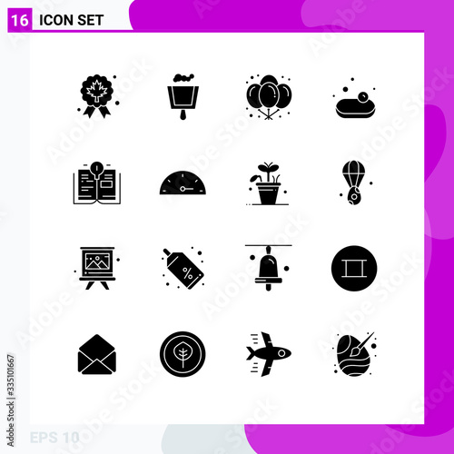 Mobile Interface Solid Glyph Set of 16 Pictograms of gauge, education, birthday, bulb, shopping photo