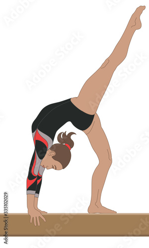 gymnast female in artistic pose on the balance beam isolated on a white background
